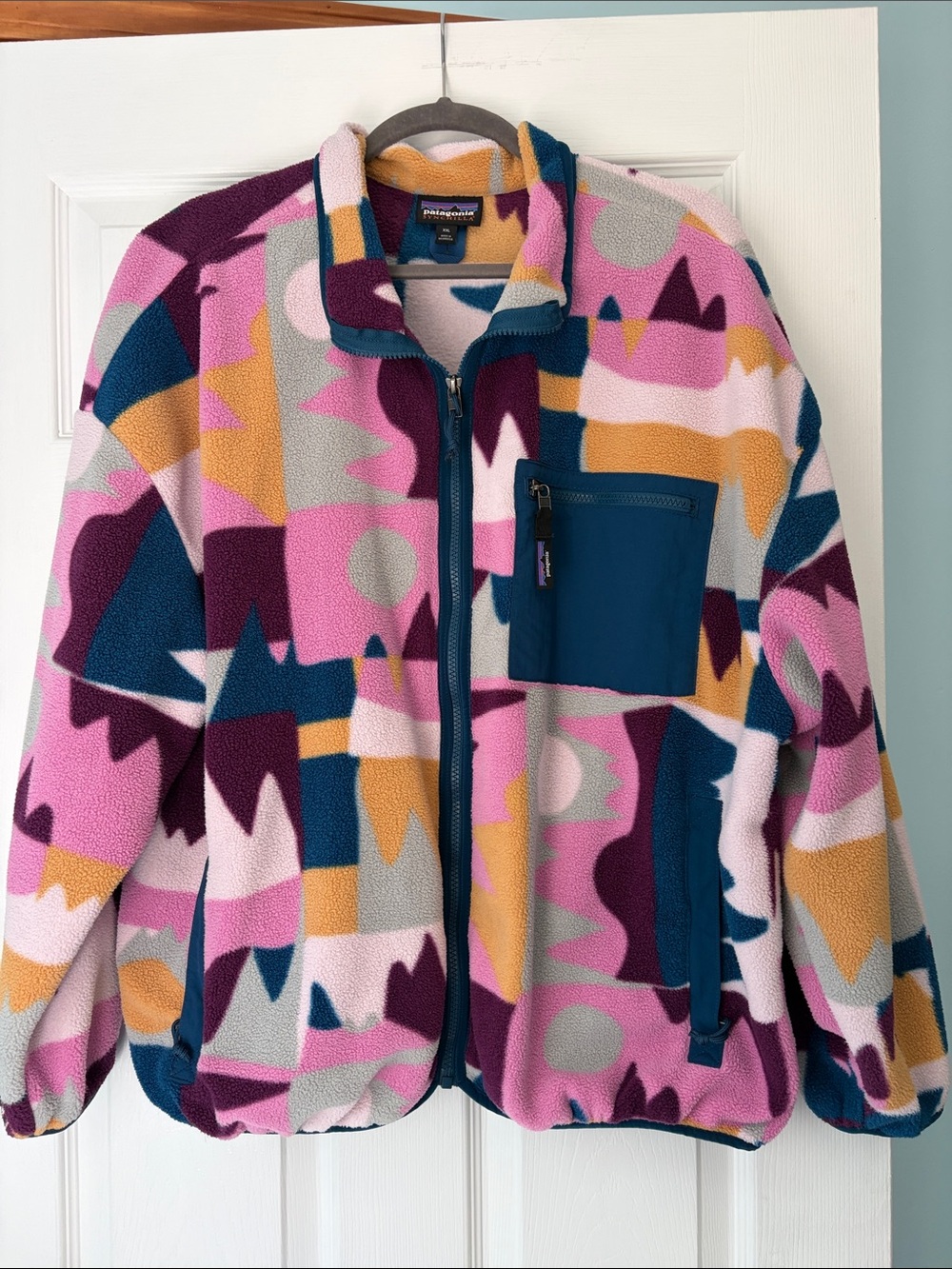 Patagonia Multi-Color Patterned Fleece Jacket — Pink, Blue, Yellow, Gray, Purple